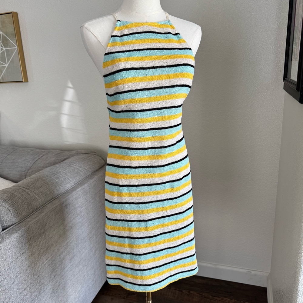 Zara Dress M Striped Vacation Sleeveless Yellow Blue Mini Sundress Knit Boho